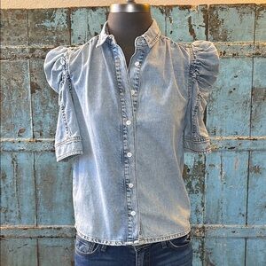 Frame Women’s Denim Chambray Puff Sleeve Button Down Shirt XS Joanna Gaines